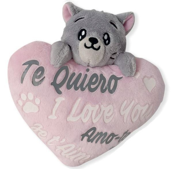 SAN VALENTÍN: PELUCHE “GATO Y COJÍN CON MENSAJE “ 20 cm