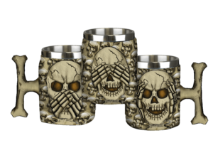 JUEGO DE TAZAS DECORACIÓN 3 CALAVERAS RESINA 12 CM.  COD: 39420