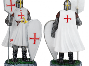 FIGURA RESINA CABALLERO TEMPLARIO BANDERA-ESCUDO BLANCO 8 cm.  COD: 39501
