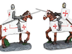 FIGURA RESINA CABALLERO TEMPLARIO A CABALLO MARRON 12 cm.  COD: 39547