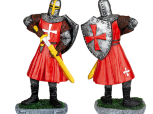 FIGURA RESINA CABALLERO TEMPLARIO DESENFUNDA ESPADA ROJO 18 cm.  COD: 39536