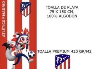 TOALLA DE PLAYA MODELO FUTBOL ATLETICO MADRID INDI. EN ALGODÓN.  COLOR ROJO-BLANCO. TAMAÑO 75x150. COD:  5281703-AZN
