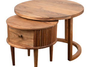 SET DE 2 MESITAS CIRCULARES DE INTERIORES DE MADERA CON CAJÓN.  COD: 32569