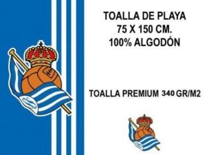 TOALLA DE PLAYAMODELO FUTBOL REAL SOCIEDAD. EN ALGODÓN 340 GRS.  COLOR AZUL. TAMAÑO 75x150. COD: 5281710-AZN