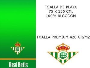 TOALLA DE PLAYAMODELO FUTBOL REAL BETIS BALONPIE LISA. EN ALGODÓN 420 GRS.  MULTICOLOR. TAMAÑO 75x150. COD: 5281765-AZN